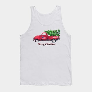 Vintage Watercolor Red Truck Carrying Xmas Tree Merry Christmas Tank Top